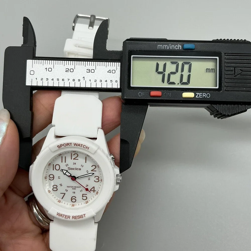 Socico Mens Watch 42mm White Dial Red Numbers White Sport 50M Luminous